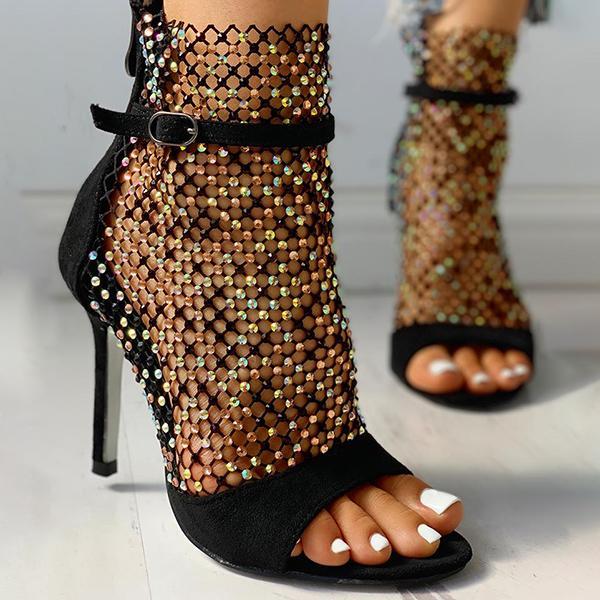 Cosypairs Studded Grid Mesh Open Toe Thin Heels