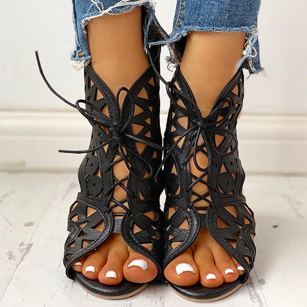 Cosypairs Hollow Out Lace-Up Pu Wedge Sandals