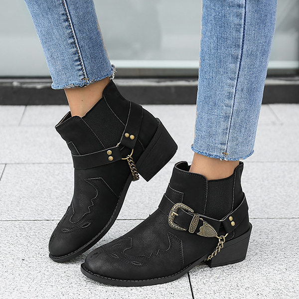 Cosypairs Vintage Embroidered Metal Buckle Ankle Boots