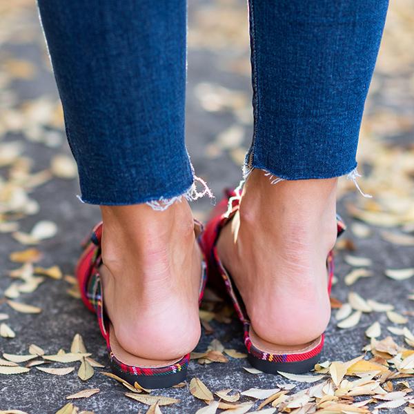 red plaid mule shoes