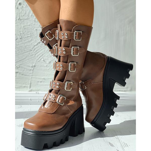Cosypairs Buckled Studded Decor Platform Chunky Long Boots
