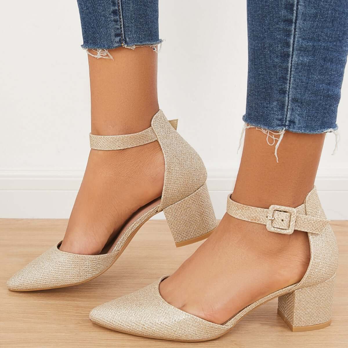 Cosypairs Low Chunky Block Heel Pumps Pointed Toe Ankle Strap Heels