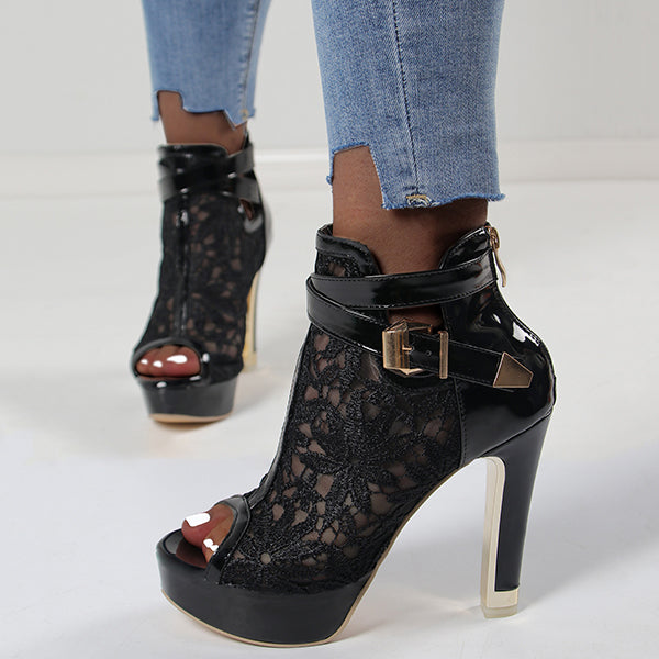 Cosypairs Lace Buckle Peep Toe Thick High Heel Boots