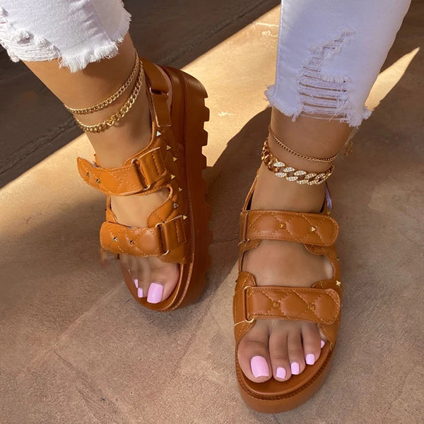 Cosypairs Double Quilted Bands Adjustable Buckle Platform Sandals