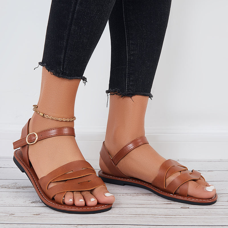 Cosypairs Brown Flat Sandals Open Toe Ankle Strap Sandals