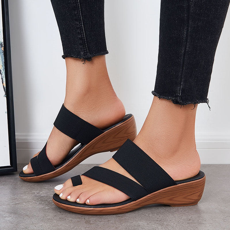 Cosypairs Black Toe Ring Slide Sandals Slip on Wedge Heel Summer Shoes