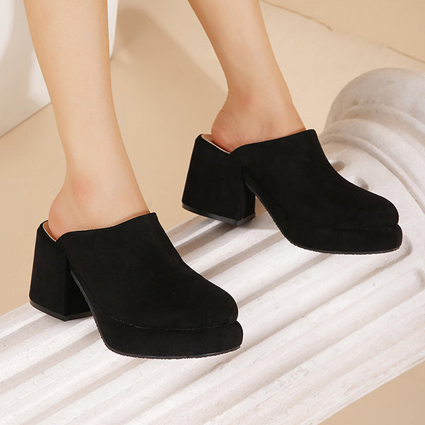 Cosypairs Chic Round Toe Suede Block Heel Slippers