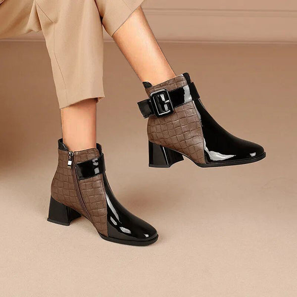 Cosypairs Patent Colorblock Buckle Ankle Booties