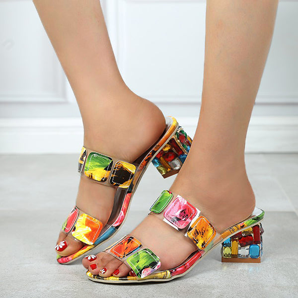 Cosypairs Multicolor Diamond Block Heel Slippers