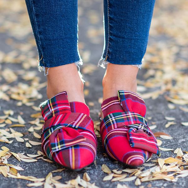 under the tree red plaid flat mules