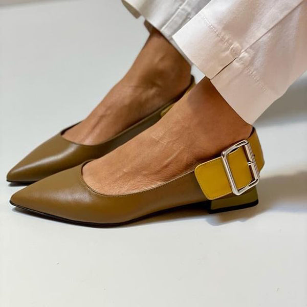 Cosypairs Pointed Toe Leather Buckle Embrellished Slip-On Flats