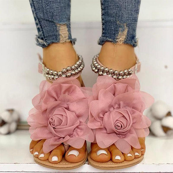 Cosypairs 3D Flower String Beads Ankle Straps Flat Sandals