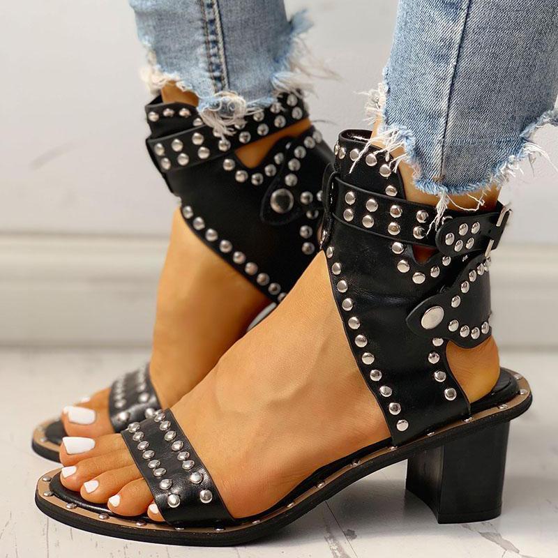 Cosypairs Open Toe Rivet Chunky Heeled Sandals For Women