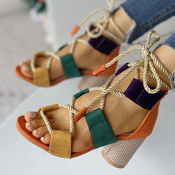 Cosypairs Colourblock Lace-up Chunky Heels Open Toe Sandals