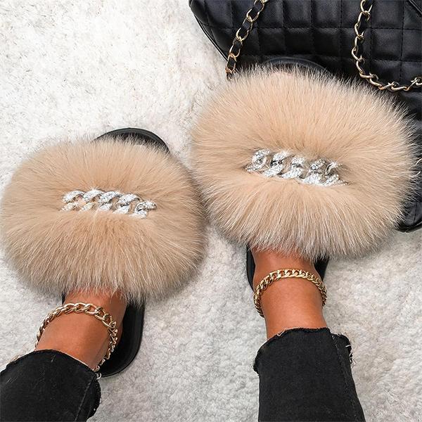 Cosypairs Fur Fluffy Flip Flops Diamond Chain Slippers