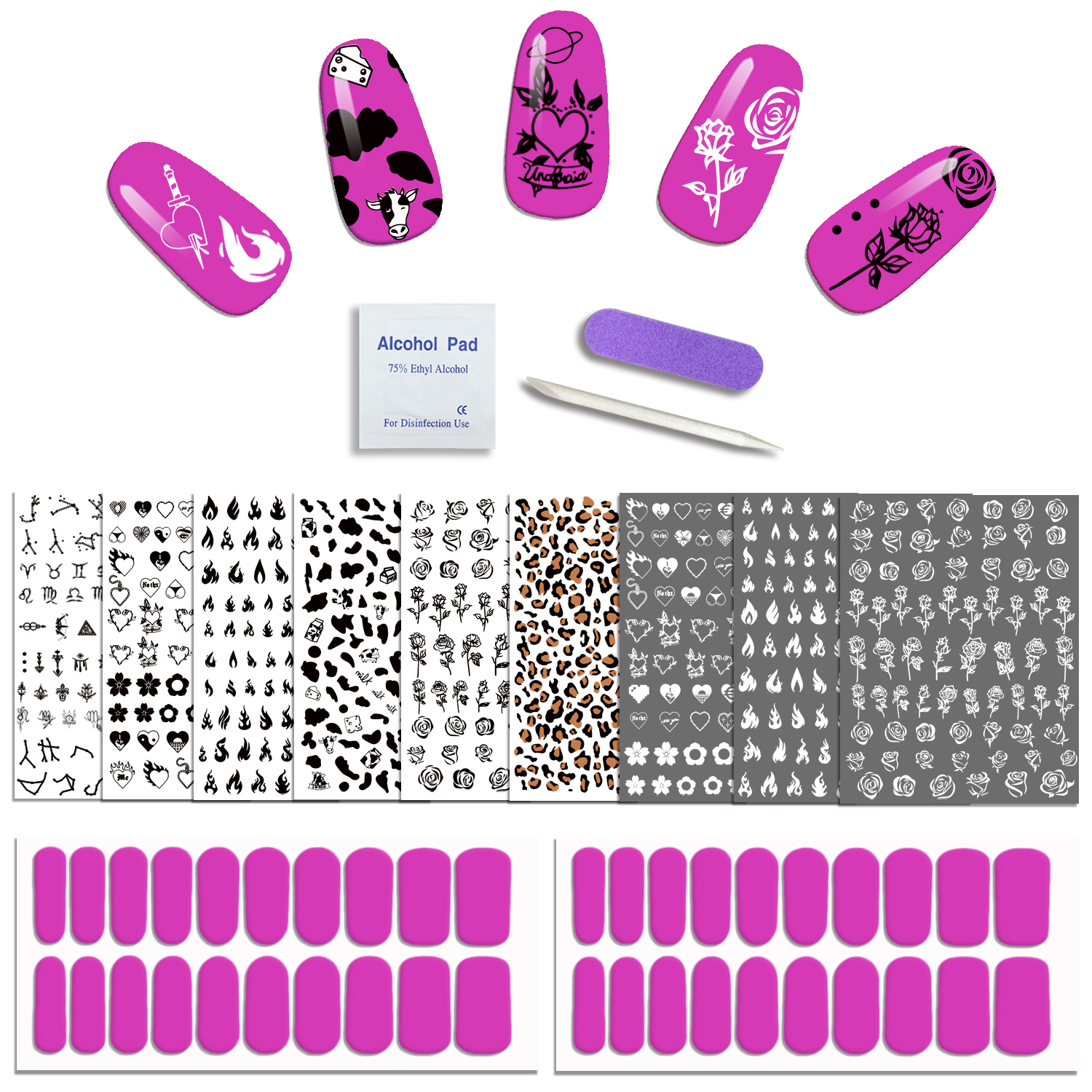 40 PCS Pink Nail Polish Strip and Mixed Nail Stickers Decals (900+Designs) 