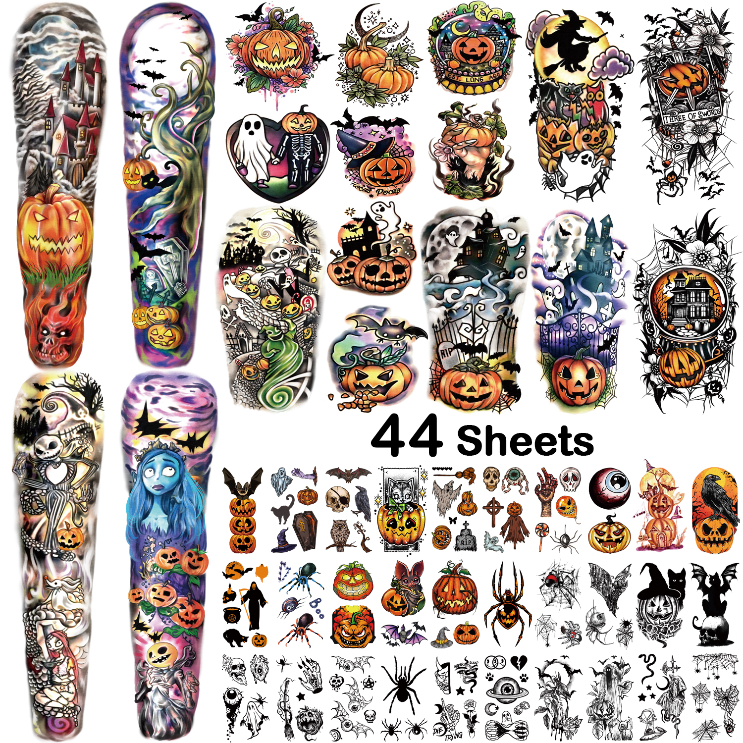 44 Sheets Halloween Temporary Tattoo Family Set Day of Dead Pumpkin Ghost Black Fake Death Skull Skeleton Tatoos 