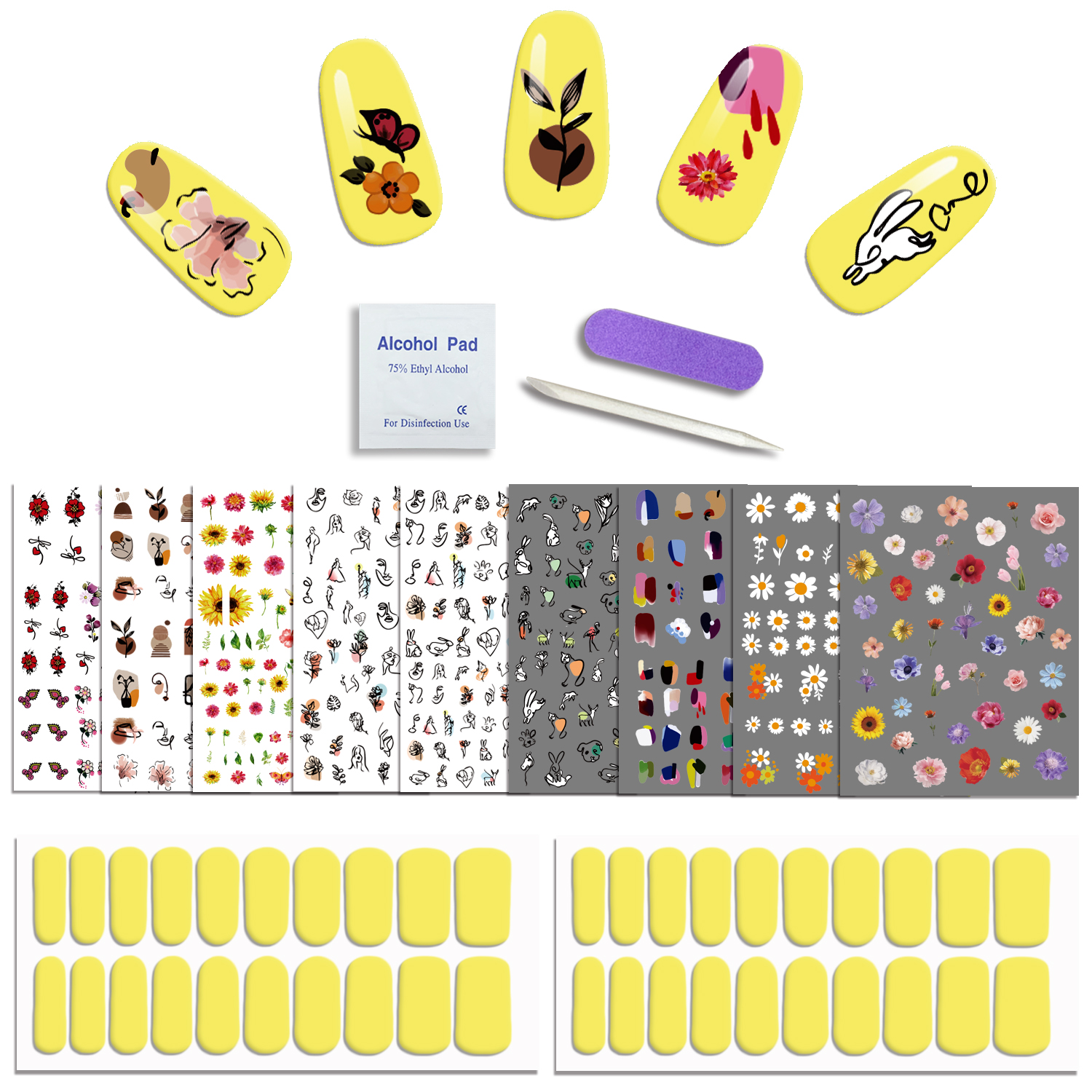 40 PCS Yellow Nail Polish Strip and Mixed Nail Stickers Decals (900+Designs) 