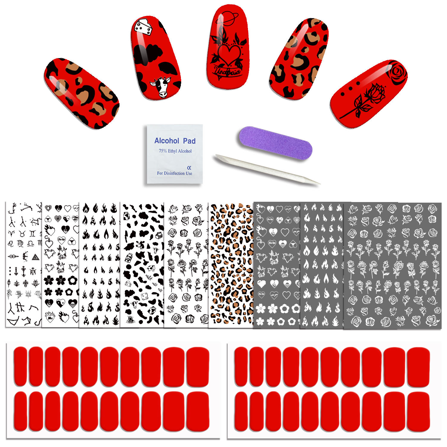 40 PCS Red Nail Polish Strip and Mixed Nail Stickers Decals (900+Designs) 