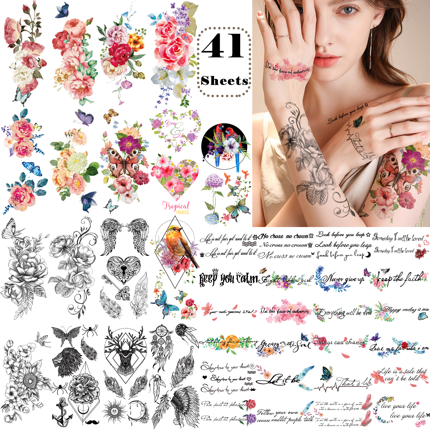 41 pieces Fashion Flowers Words Temporary Tattoos Waterproof Stickers