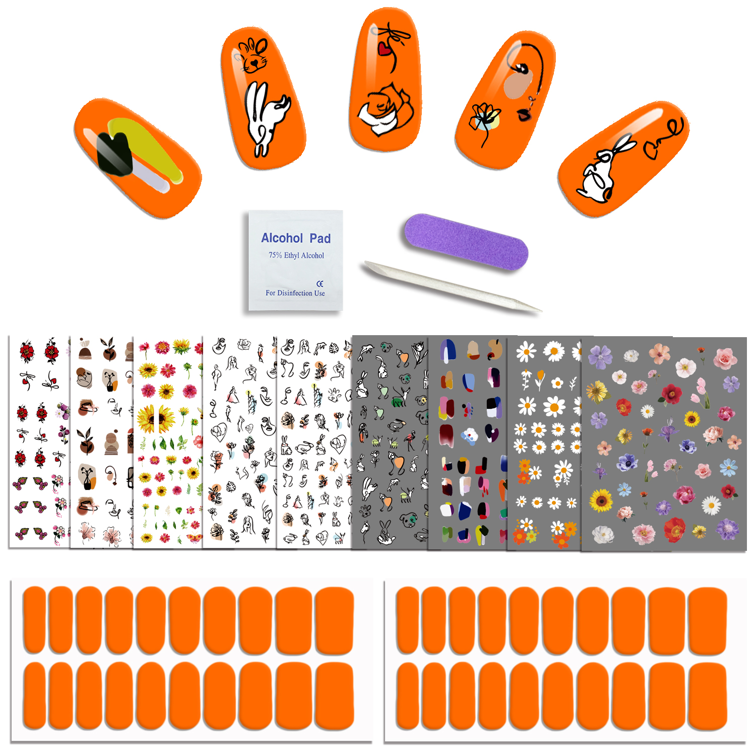40 PCS Orange Nail Polish Strip and Mixed Nail Stickers Decals (900+Designs) 
