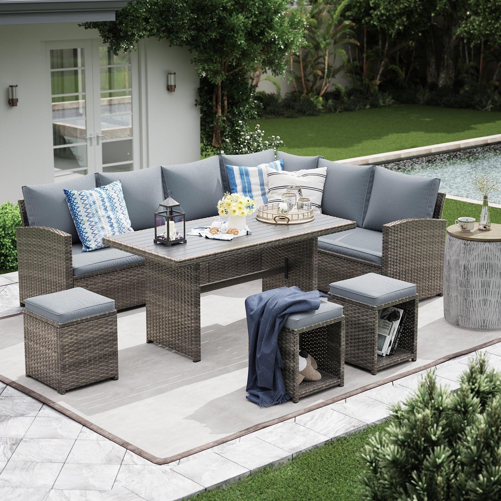 7pcs Outdoor Dining Set Wicker Patio Sectinal Set with Dining Table | Orange-Casual