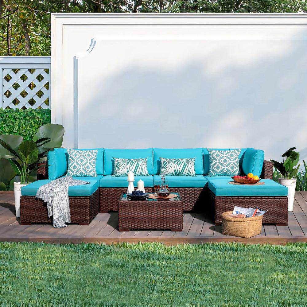 Adonis-III Outdoor Sectional Set with Turquoise Cushions, From 5-pc. to 7-pc.
