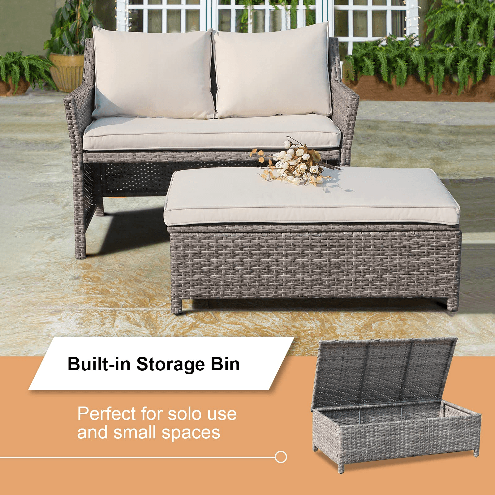 2pcs Loveseat Set with Storage Bin Wicker Outdoor Conversation Set | Orange-Casual