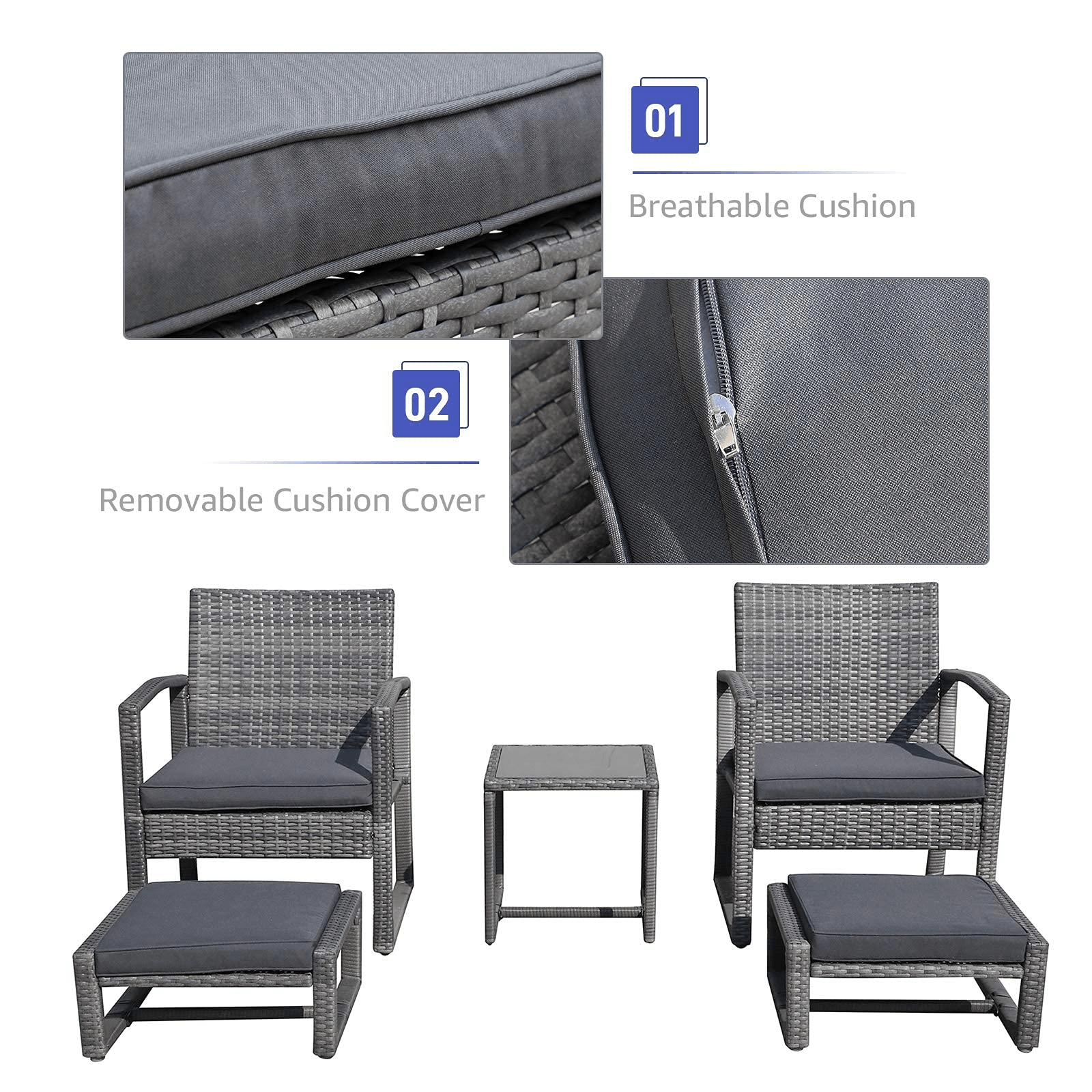 5pcs Patio Bistro Set Wicker Outdoor Furniture Set Armchair & Ottomans | Orange-Casual