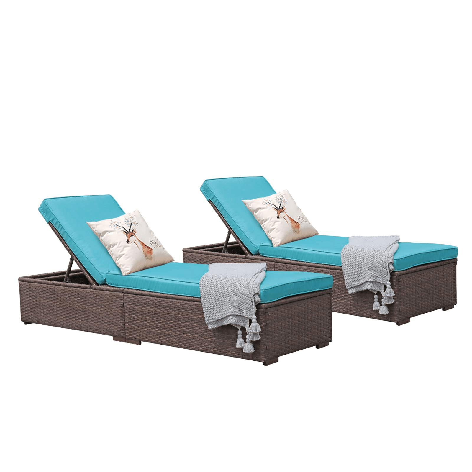 2pcs Patio Lounge Chairs Wicker Outdoor Loungers with Turquoise Cushions, Rectangle Shape | Orange-Casual