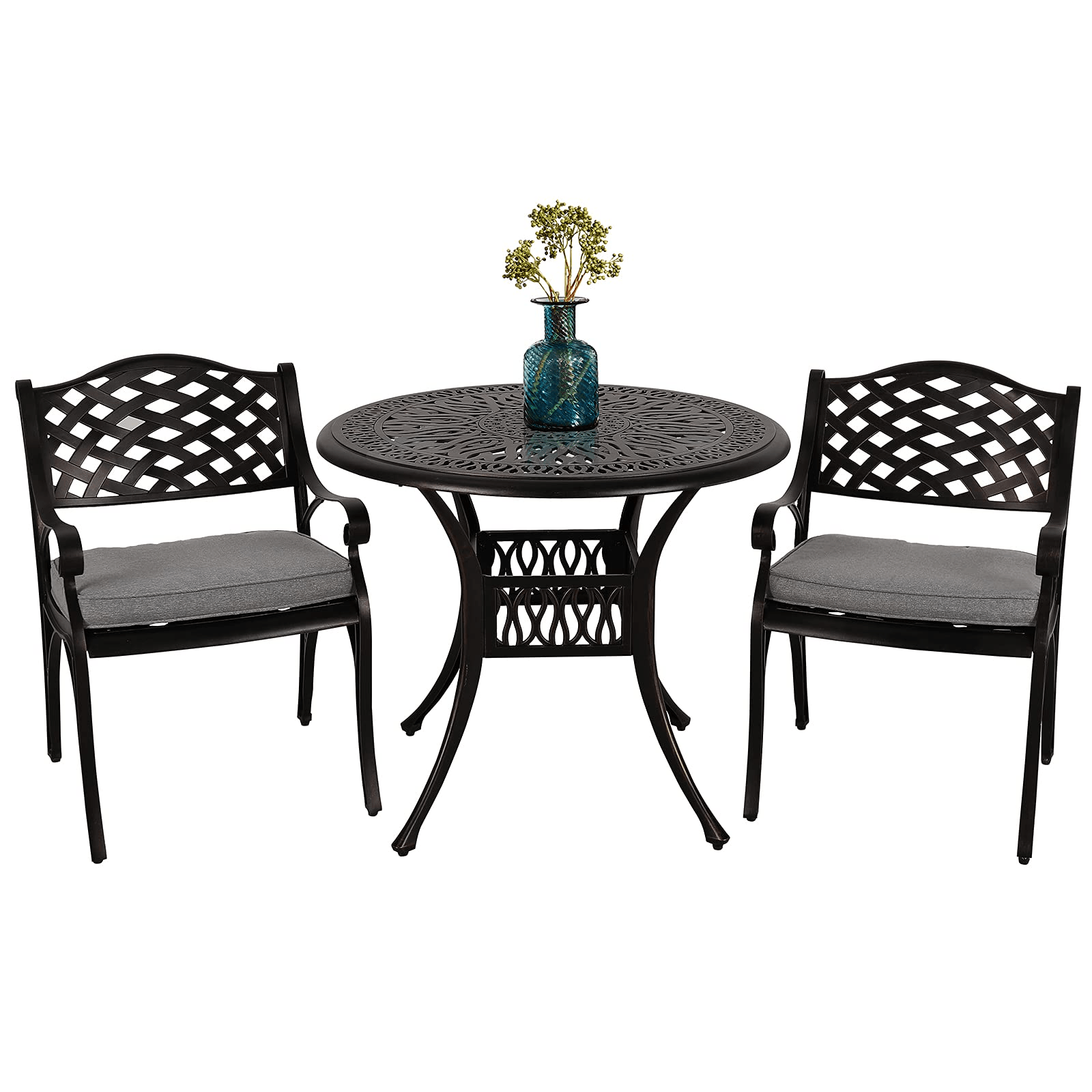 3pcs Cast Aluminum Patio Bistro Set, Antique Bronze Frame & Gray Cushions | Orange-Casual