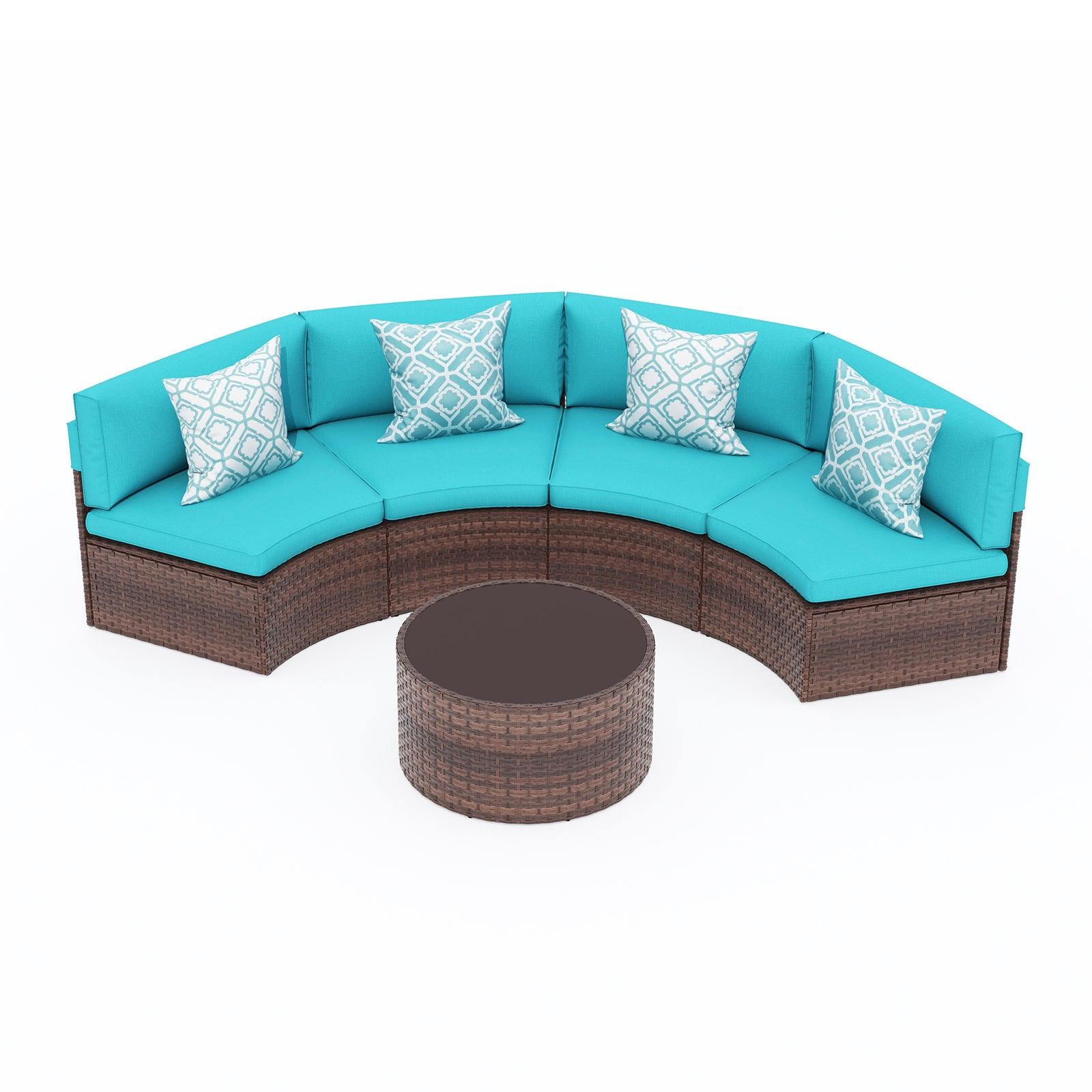 5-13 pcs Outdoor Curved Sofas Wicker Curved Outdoor Sectional, Brown & Turquoise | Orange-Casual