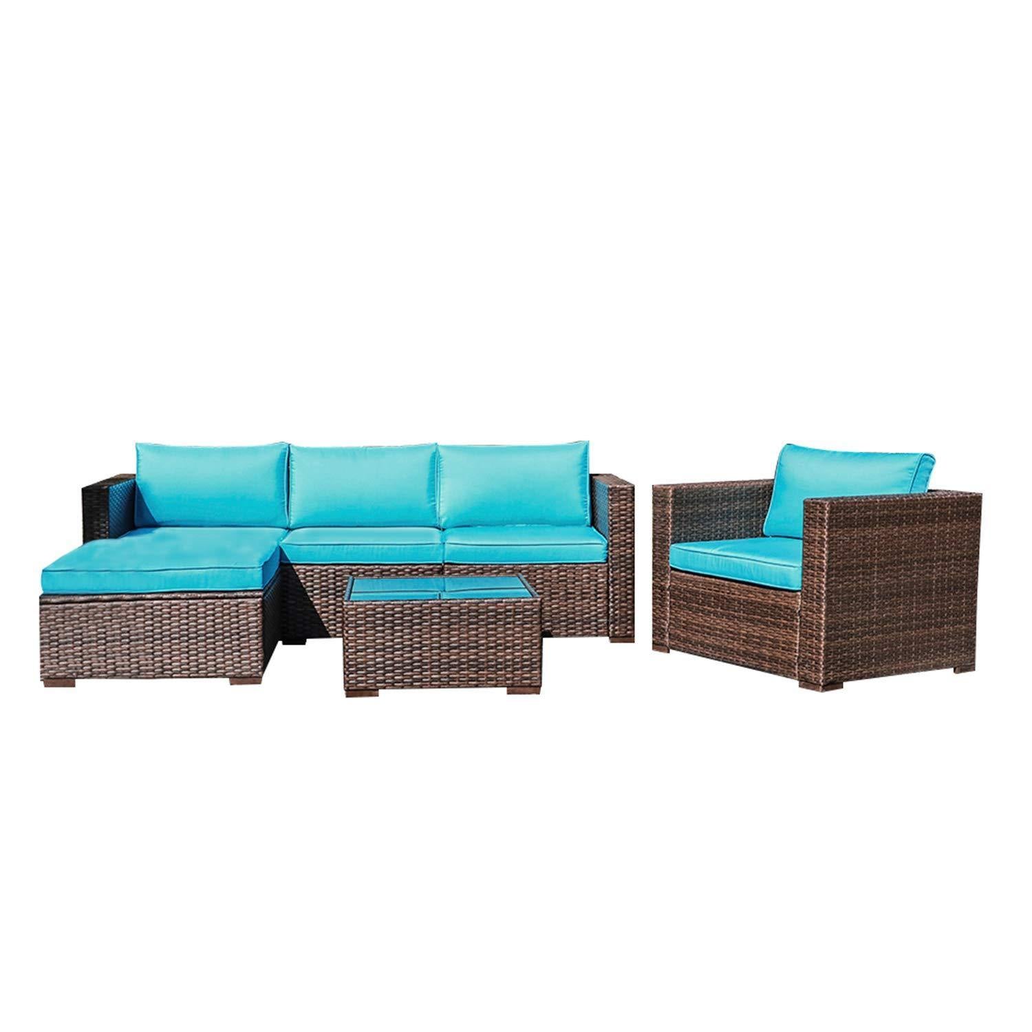 6pcs Outdoor Sectional Set Wicker Modular Patio Sofa with Turquoise Cushions | Orange-Casual