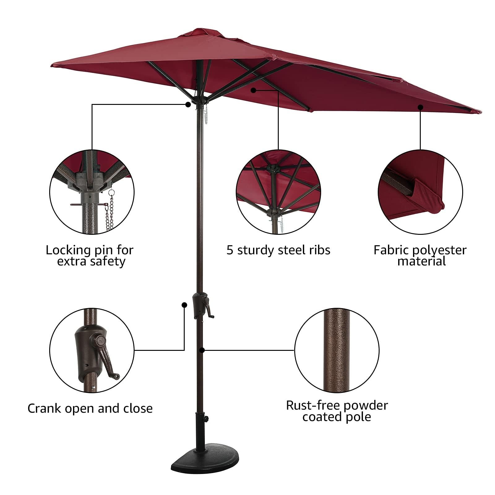 half round rectangle patio umbrella with tilt FLAME&SHADE 9 ft Push Button Tilt, Aqua Blue making it the perfect umbrella for small spaces that cannot fit a full size umbrella Galtech Half-Wall 3.5' x 7'
