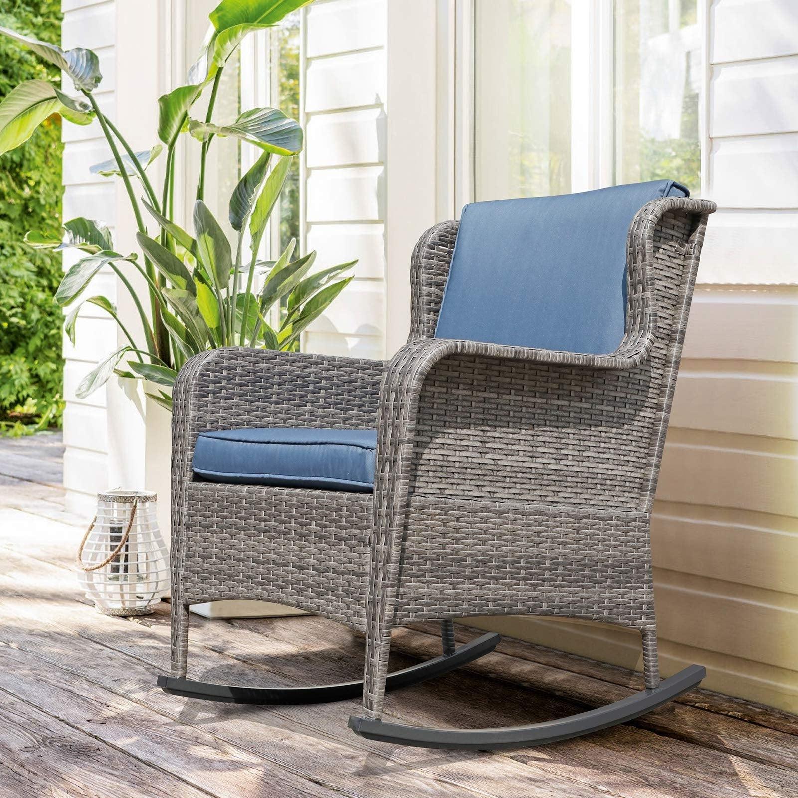 Patio Rocking Chair with Cushion, Wicker Porch Rocking Chair, 3 Colors | Orange-Casual