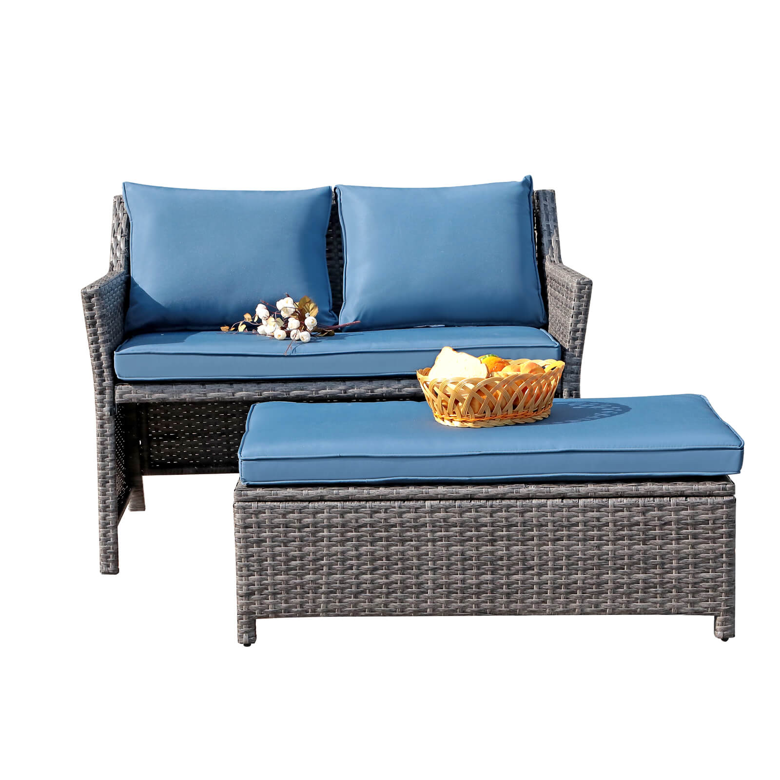 2pcs Loveseat Set with Storage Bin Wicker Outdoor Conversation Set