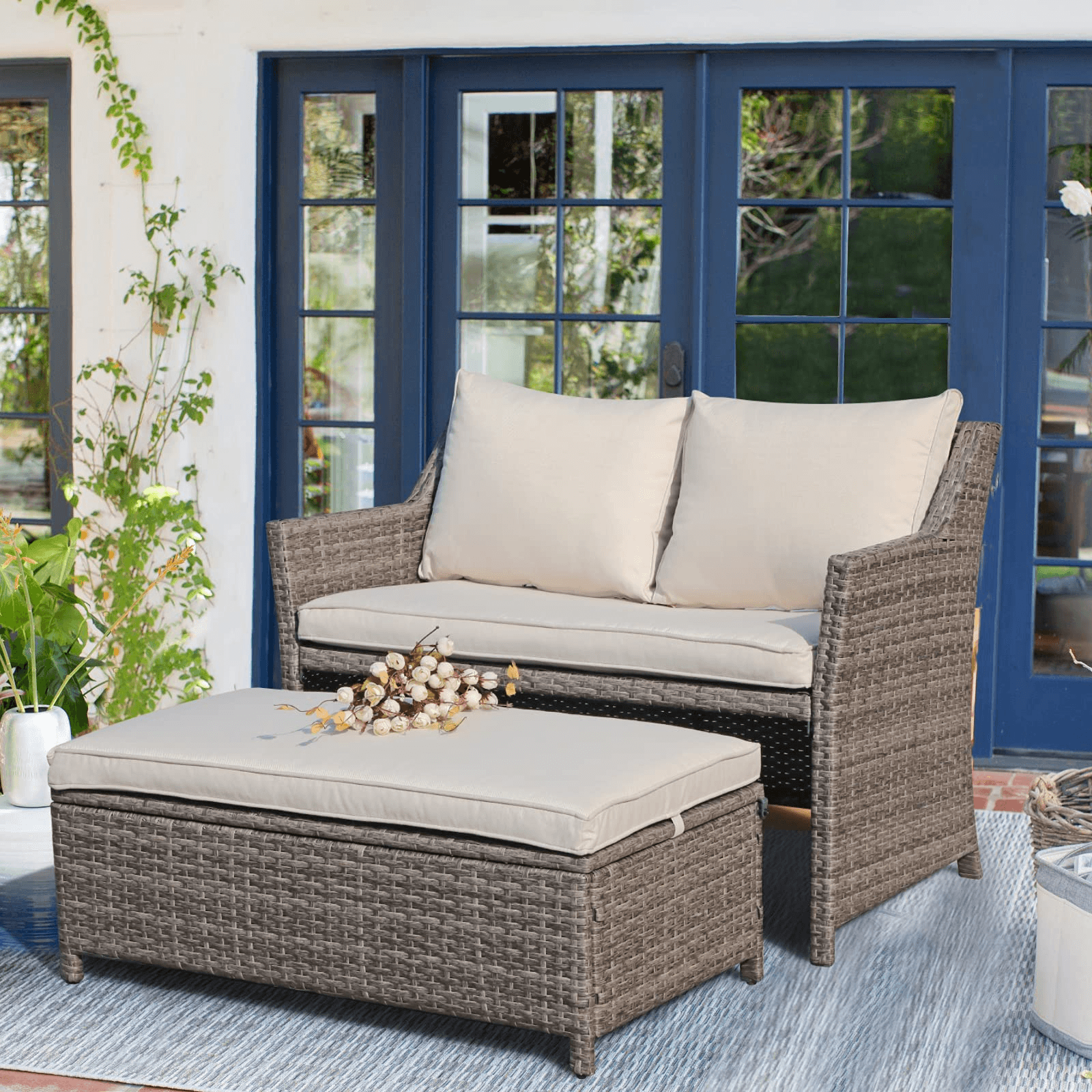 2pcs Loveseat Set with Storage Bin Wicker Outdoor Conversation Set | Orange-Casual