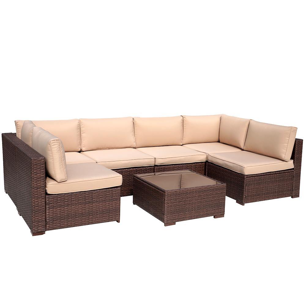 7pcs Outdoor Sectional Set Wicker Patio Sofa Set with Beige Cushions | Orange-Casual