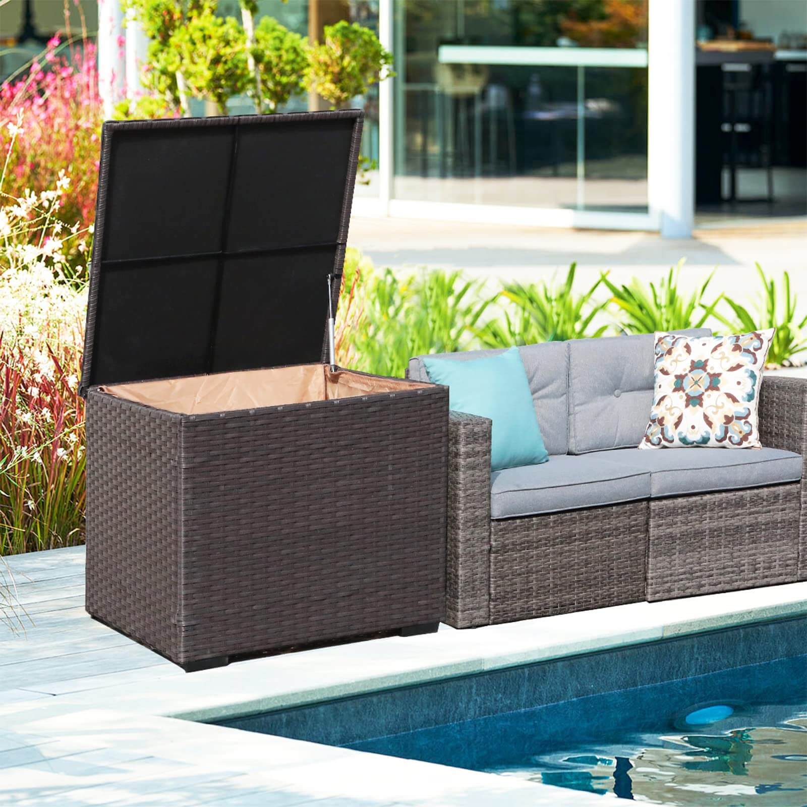 88 Gallon HWPE Wicker Outdoor Storage Box, Waterproof Deck Box