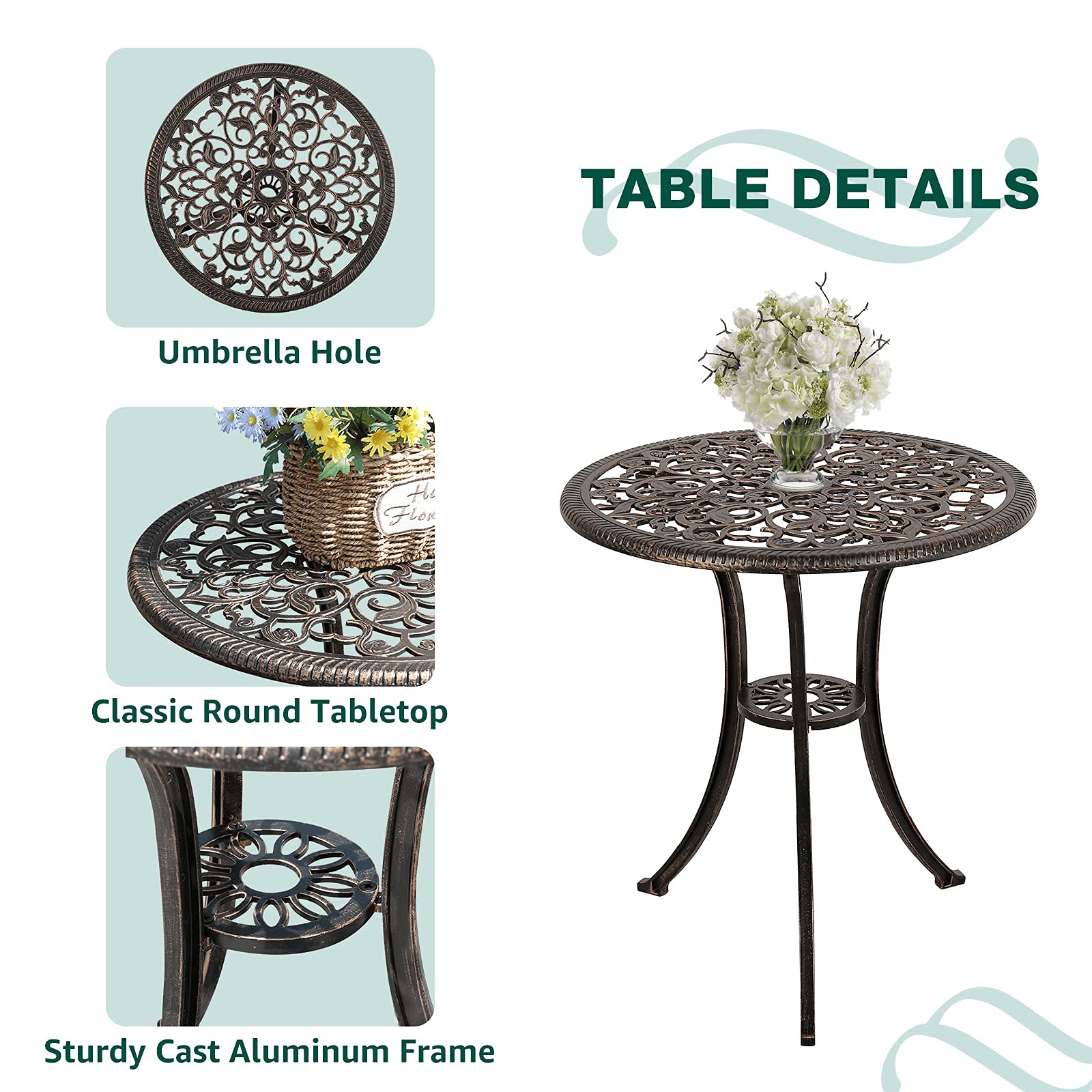 3pcs Patio Bistro Set Cast Aluminum Conversation Set Bronze Chairs & Table | Orange-Casual