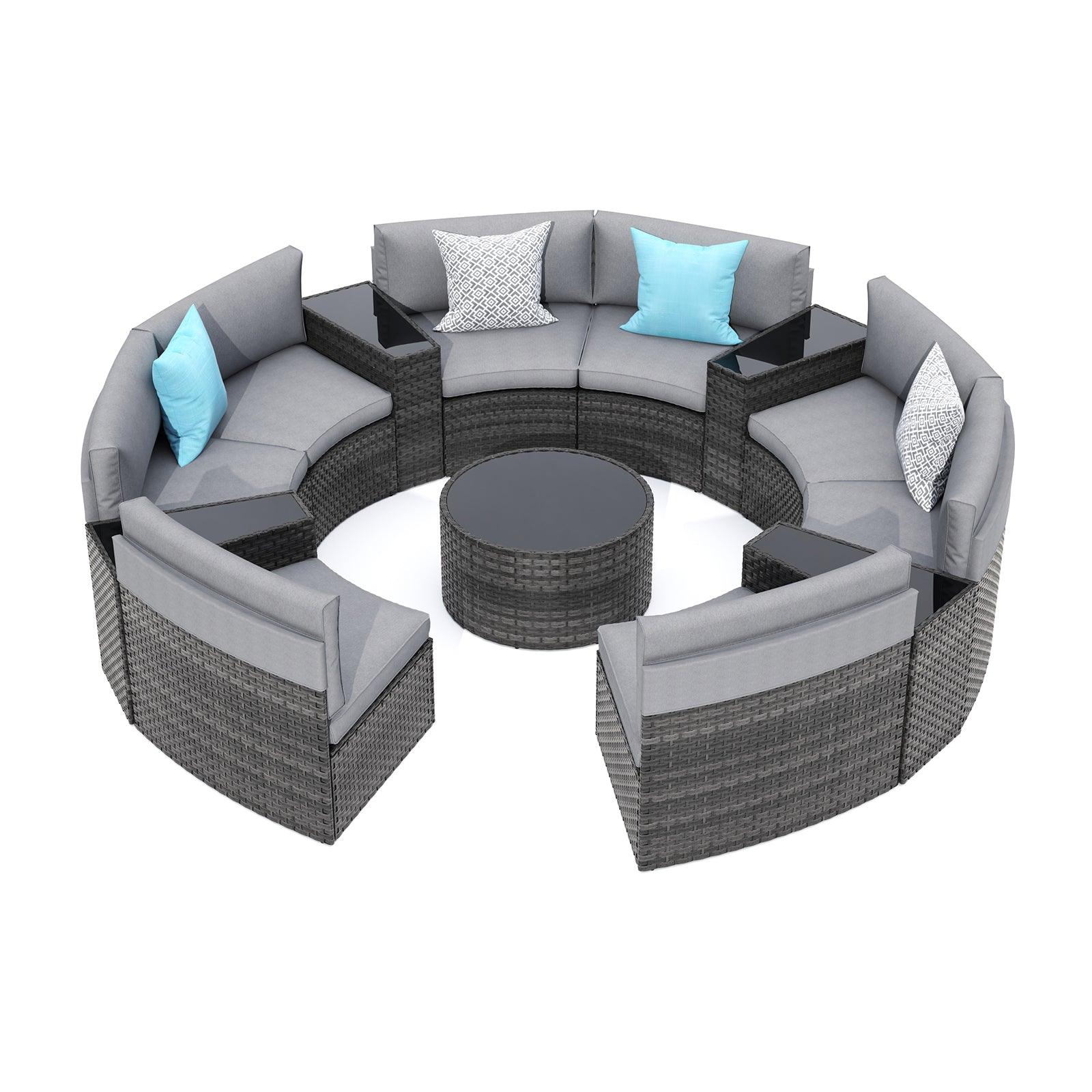 13pcs Outdoor Curved Sofas Wicker Outdoor Half-Moon Sectional Set, Grey | Orange-Casual