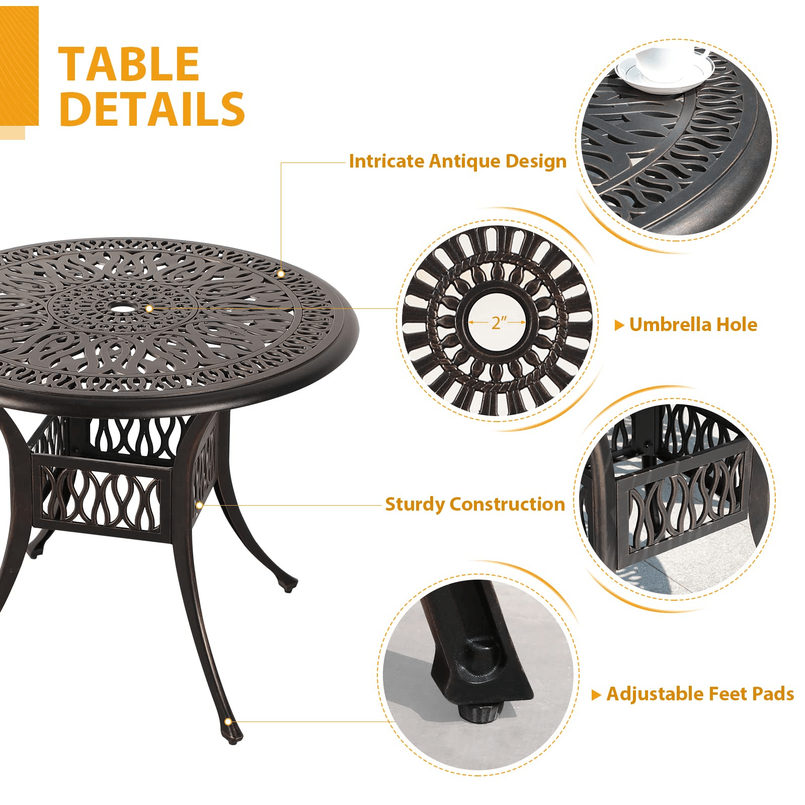 3pcs Cast Aluminum Patio Bistro Set, Antique Bronze Frame & Gray Cushions | Orange-Casual