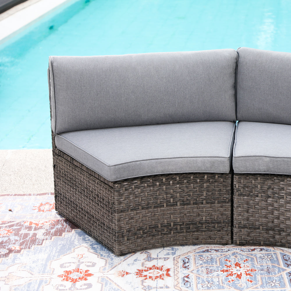 2 pcs Half Moon Armless Sofa Wicker Outdoor Curved Sofa, Brown/Grey | Orange-Casual