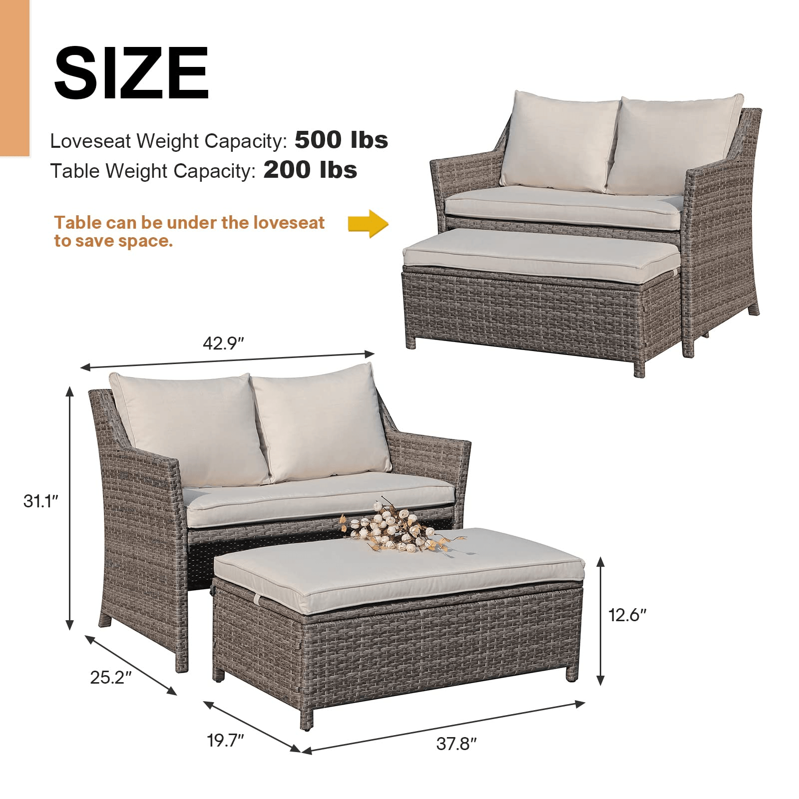 2pcs Loveseat Set with Storage Bin Wicker Outdoor Conversation Set | Orange-Casual