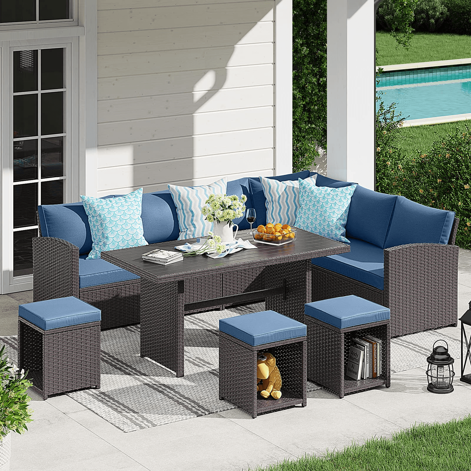 7pcs Outdoor Dining Set Wicker Patio Sectinal Set with Dining Table | Orange-Casual