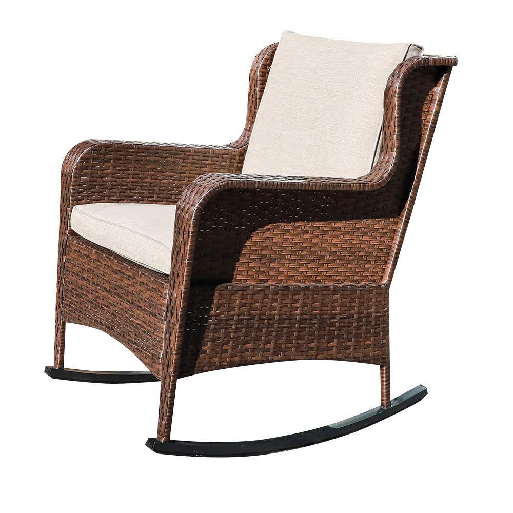 Wicker Patio Rocking Chair Brown Porch Rocking Chair with Beige Cushion | Orange-Casual