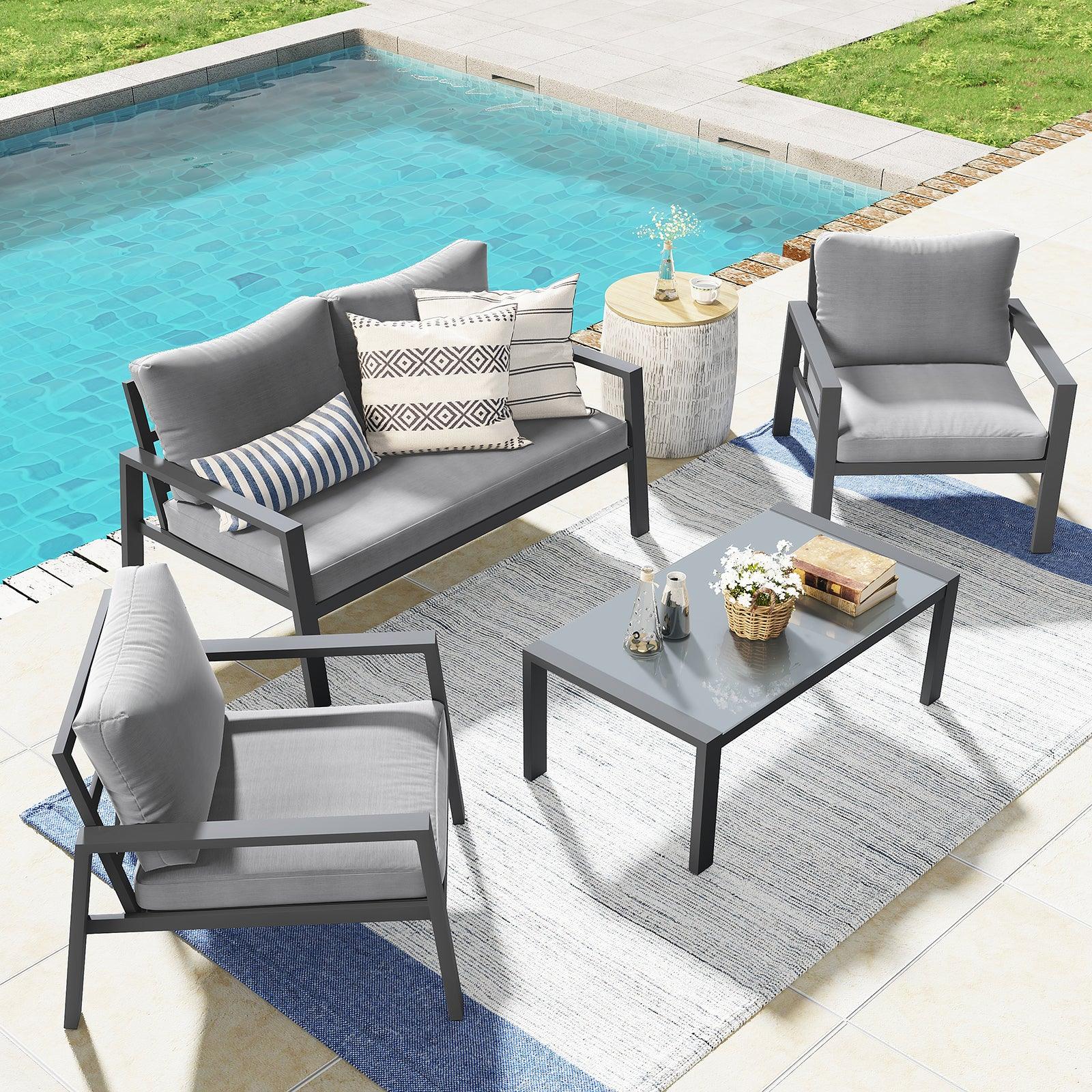 4pcs Patio Sofa Set Aluminum Outdoor Furniture Set With Dark Grey Cushions | Orange-Casual