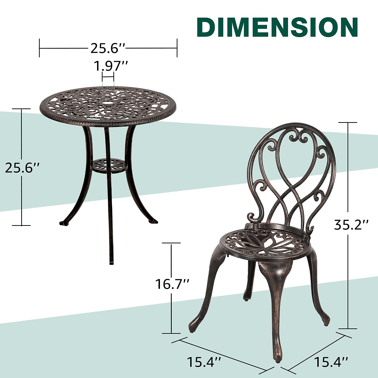 3pcs Patio Bistro Set Cast Aluminum Conversation Set Bronze Chairs & Table | Orange-Casual