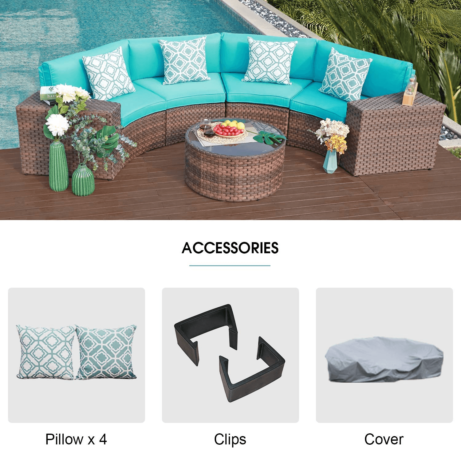 7pcs Outdoor Curved Sofas Wicker Half-Moon Sectional Set, 4 Colors | Orange-Casual