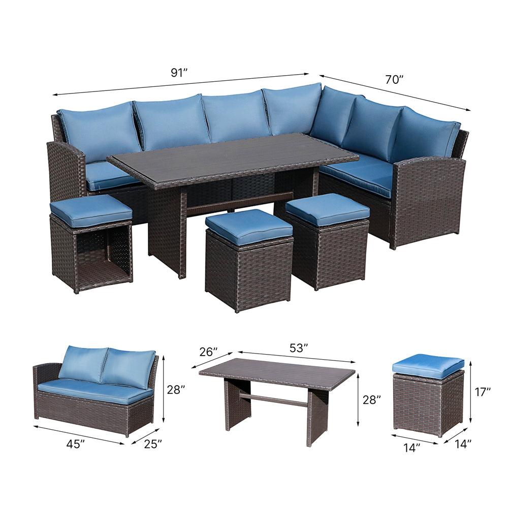 7pcs Outdoor Dining Set Wicker Patio Sectinal Set with Dining Table | Orange-Casual